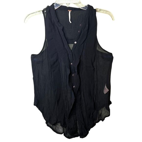Free People Blouse Womens Medium Black Ruffle Button Front Sleeveless Boho Gauze - Picture 12 of 13